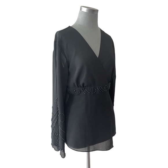 COLDWATER CREEK Black Chiffon Blouse Women’s V-Neck Long Sleeve Embellished Top - Picture 3 of 8
